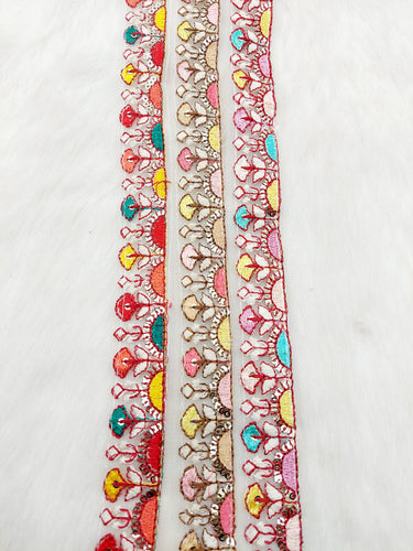 White Tissue Fabric Trim In Multicoloured Floral Embroidery With Matt Gold Sequins, Lace Trim By 9 Yards Indian Decorative Trim, Ribbon